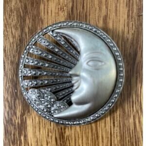 Vintage Pin Crescent Moon Silver Tone Smiling Brooch Tara Faux Marcasite 2"x 2"